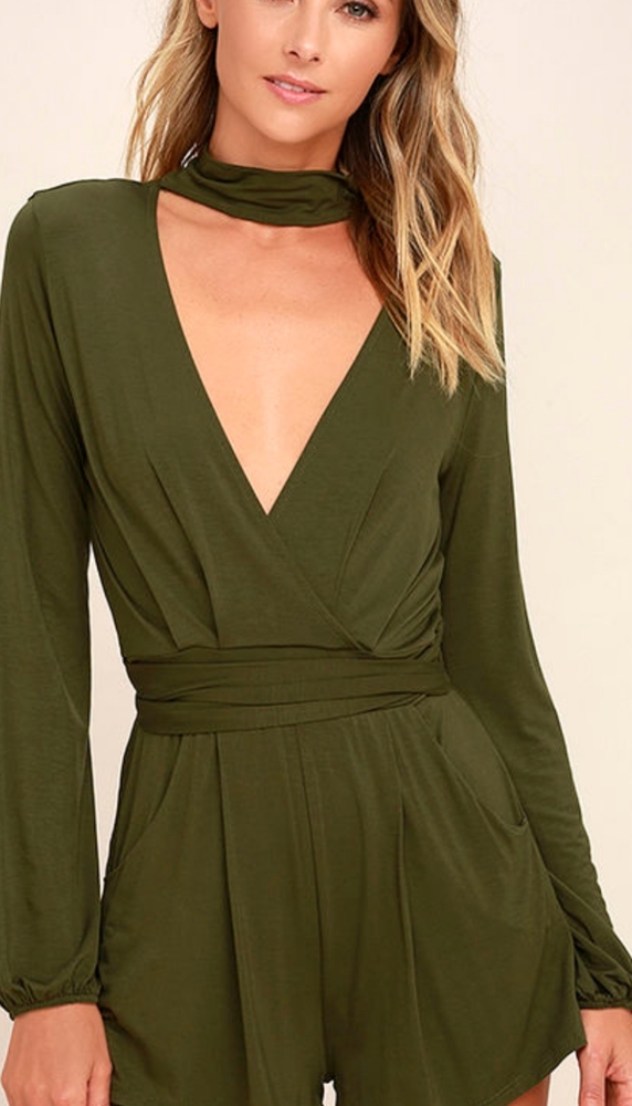 Lulu's Olive Green Deep V Romper